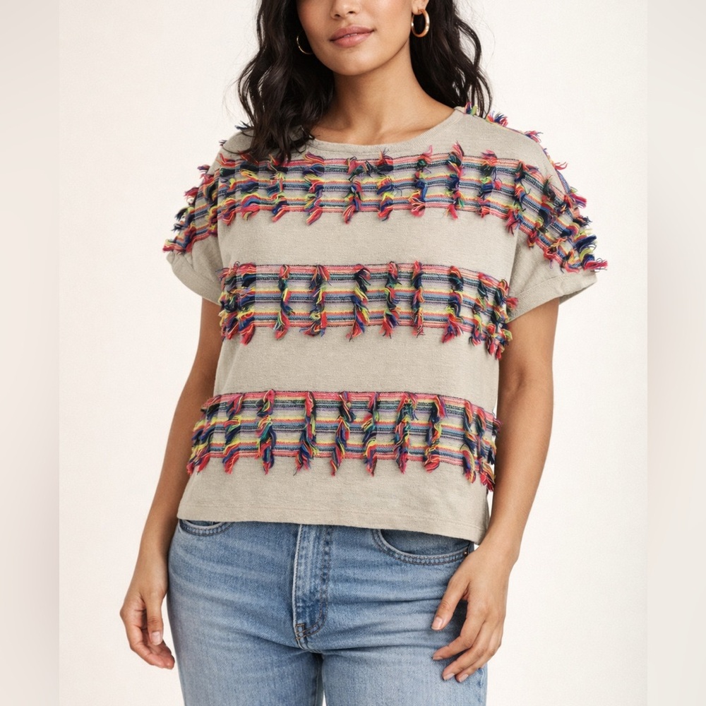 Ivy Jane Neon Rainbow Fringe Textured Knit Fiesta Festival Boho Top M/L